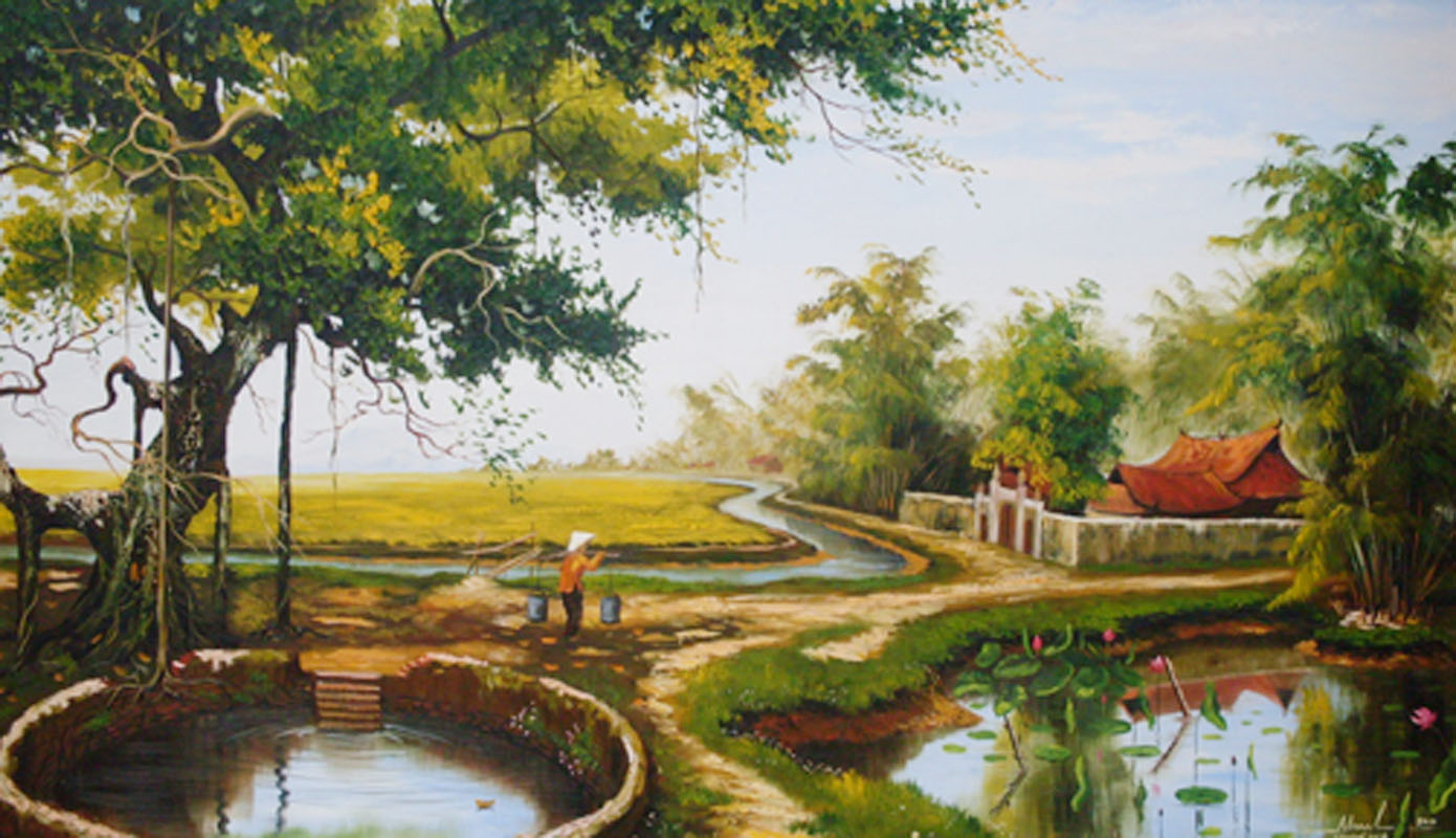 Vẽ tranh phong cảnh nông thôn trang trí trên tường