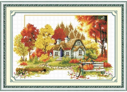 Vẻ đẹp ấn tượng của bức tranh thêu chữ thập ngôi nhà mùa thu