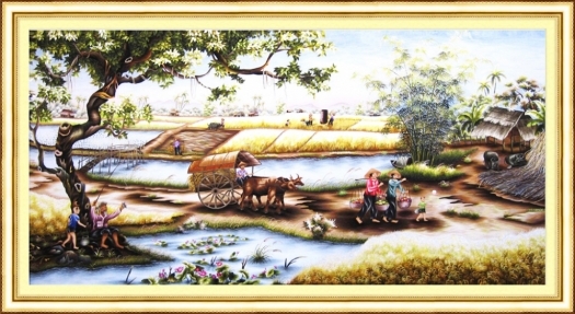 Mẫu tranh phong cảnh thêu chữ thập làng quê Việt Nam