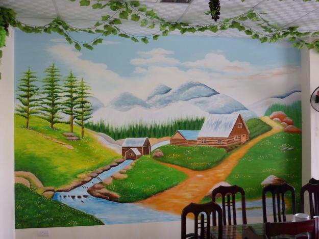 Vẽ tranh phong cảnh đồng quê lên tường