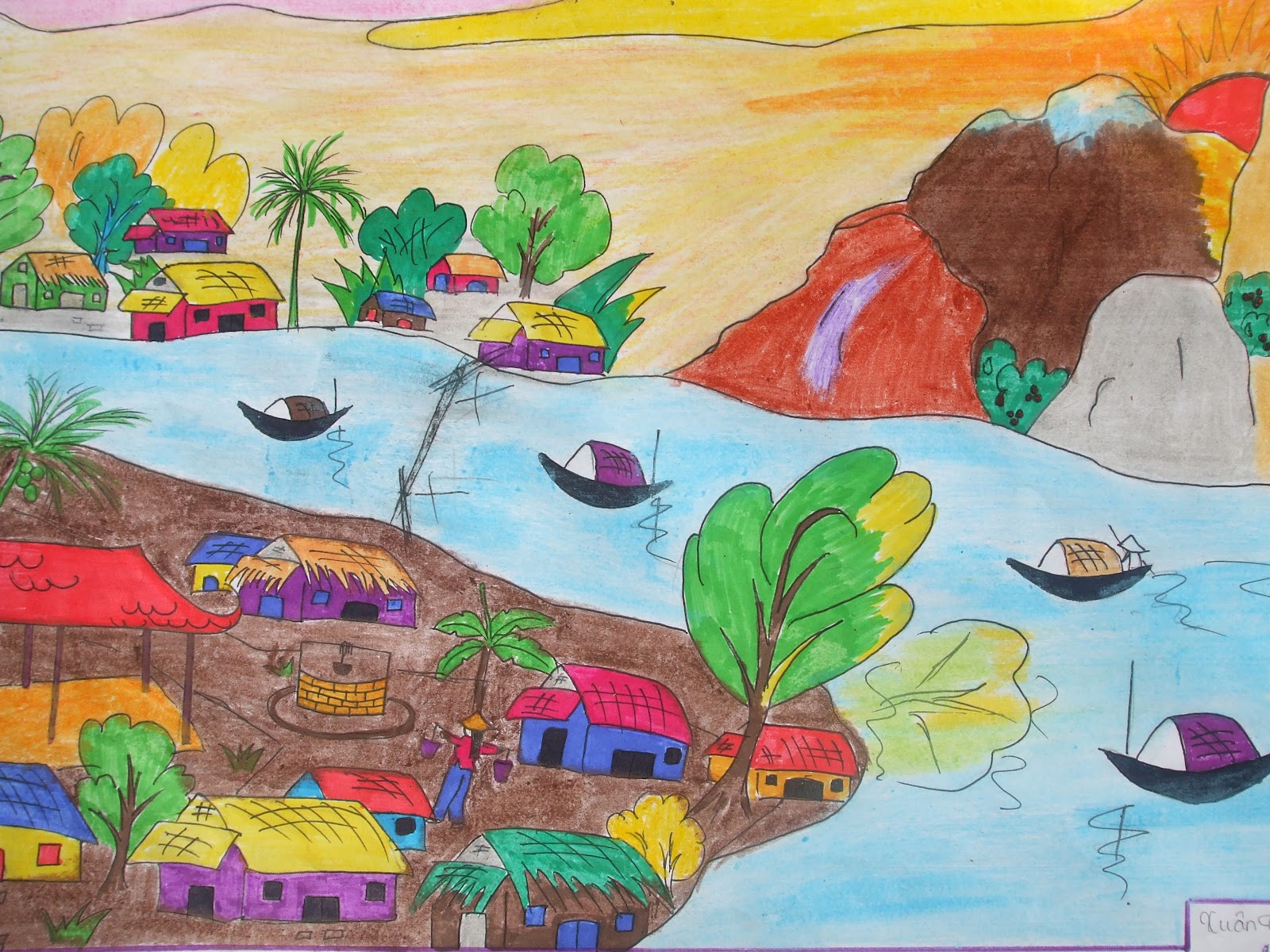 Dạy bé vẽ tranh phong cảnh làng quê cực kì đơn giản - hình ảnh 16