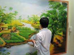 Vẽ tranh phong cảnh quê hương đơn giản cho tường đẹp