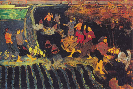 “Tát nước đồng chiêm” tranh sơn mài của họa sĩ Trần Văn Cẩn