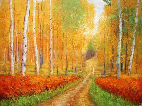 Tranh dán tường kiểu tranh vẽ phong cảnh mùa thu lá vàng T0007