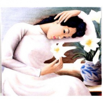 Cuốn hút theo thời gian với bức tranh sơn dầu thiếu nữ bên hoa Huệ - hình ảnh