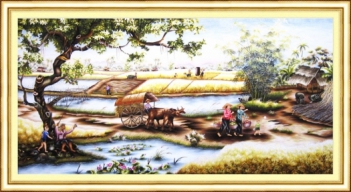 Mẫu tranh phong cảnh thêu chữ thập làng quê Việt Nam - hình ảnh