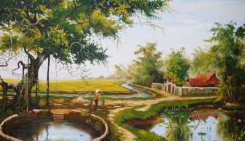 Vẽ tranh phong cảnh nông thôn trang trí trên tường - hình ảnh