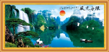 Tranh thêu chữ thập nhật xuất thiên sơn - hình ảnh