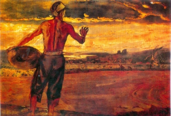 Tranh sơn mài bình minh trên nông trang - hình ảnh