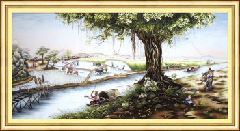 Tranh thêu chữ thập làng quê Việt Nam - hình ảnh