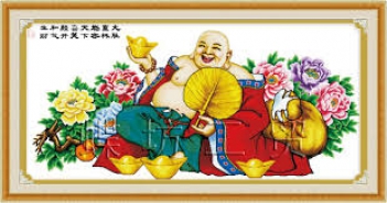 Tranh thêu chữ thập đẹp Phật Di Lặc với hoa mẫu đơn - hình ảnh